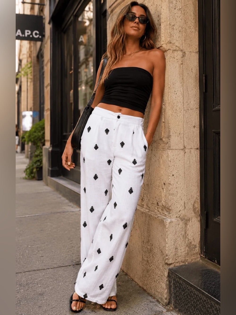 B774. Elegant Chic Cotton White Embroidered Wide Leg Pants